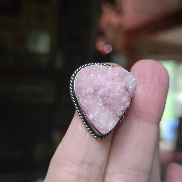 Vintage Style rose quartz Druzy sterling Ring sz8 - Picture 5 of 10